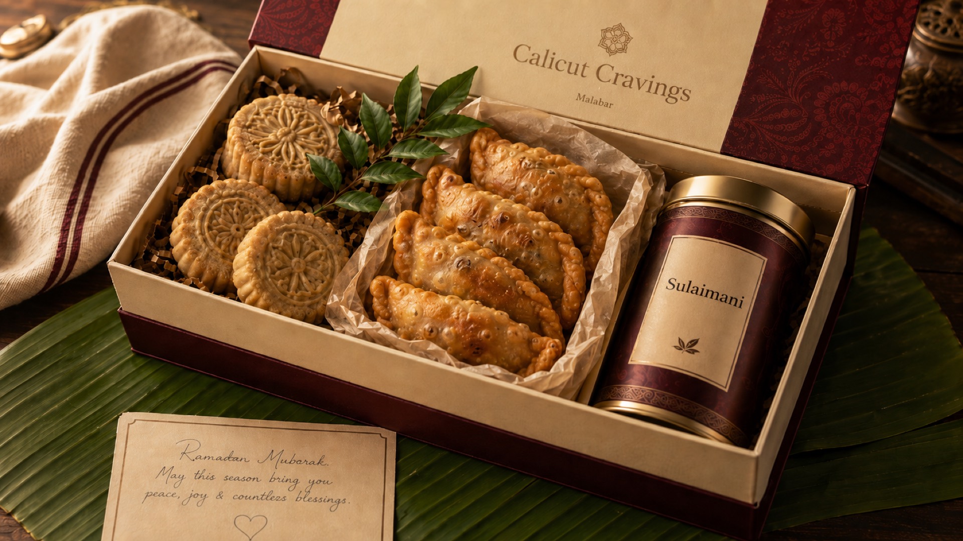 A wrapped Calicut Cravings hamper with Maamoul, Kozhi Ada and a tin of chaya.