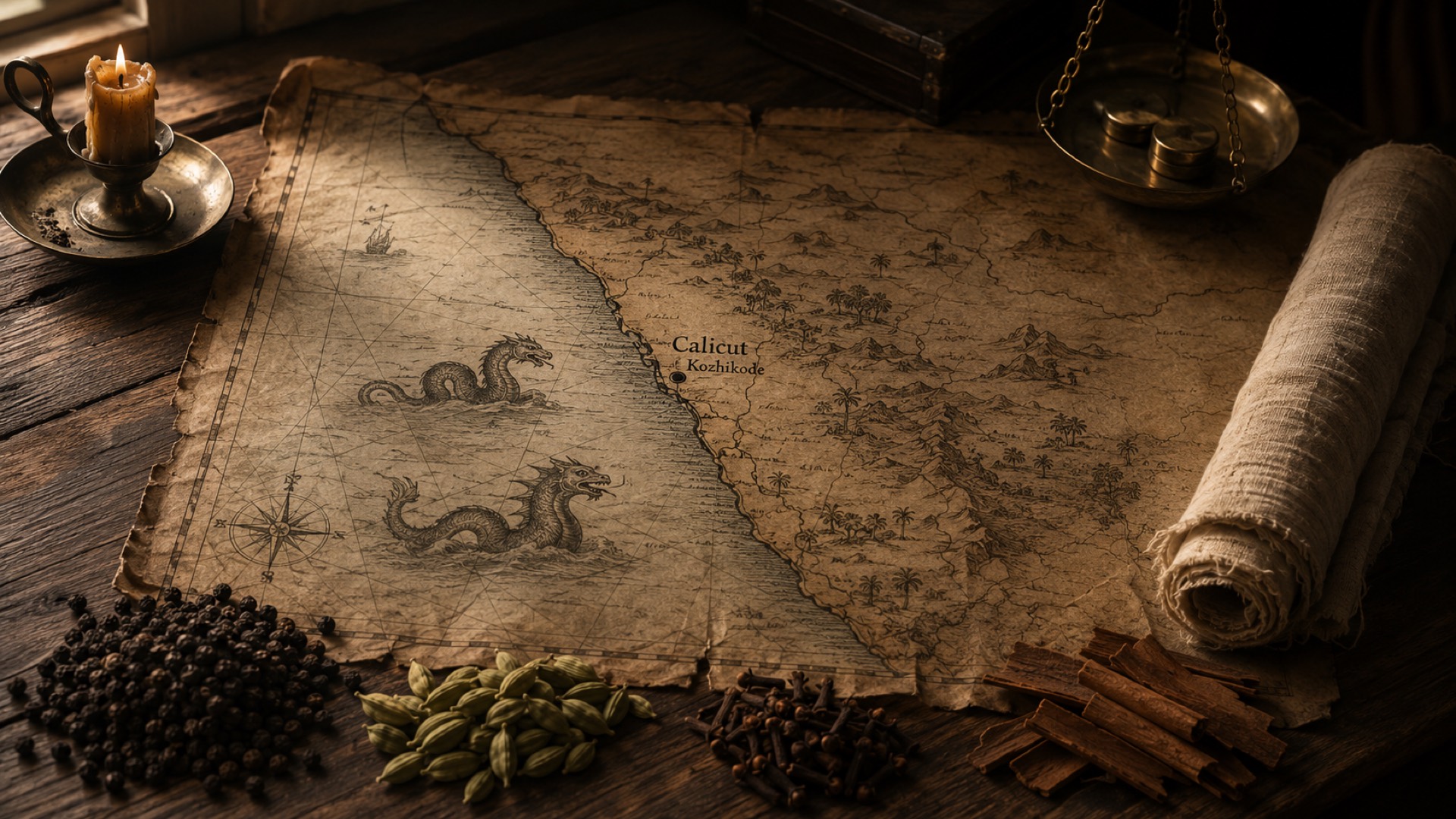 An old map of the Malabar coast with Calicut marked, set against a backdrop of spice.