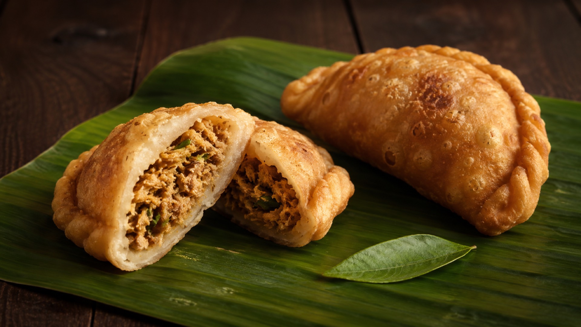 A halved Kozhi Ada showing the spiced chicken filling inside a soft rice-flour pocket.
