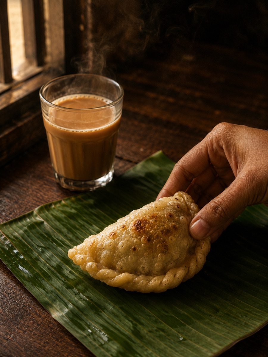 A hand lifting a freshly steamed Kozhi Ada from a banana leaf, with a small glass of strong Kerala chaya beside it.