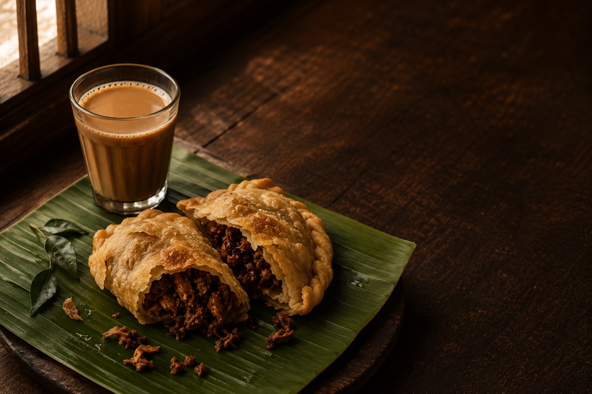 A halved Kozhi Ada showing the spiced chicken filling inside the rice-flour pocket.
