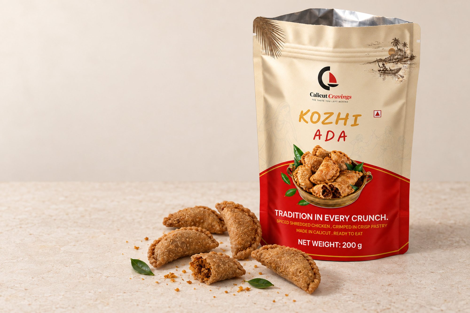 An opened Kozhi Ada pack with fried, hand-crimped adas spilling out, one broken to show the chicken filling.