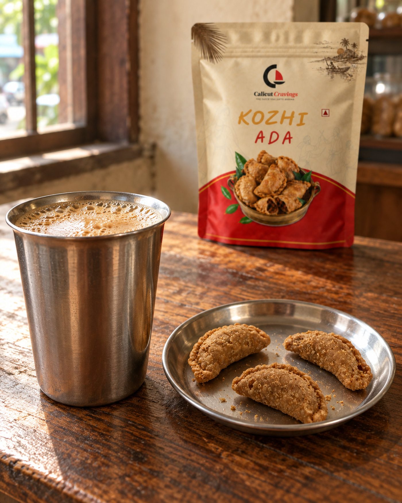 A steel tumbler of chaya and three Kozhi Ada on a plate by a window, the pack behind - the way it is eaten in Kozhikode.