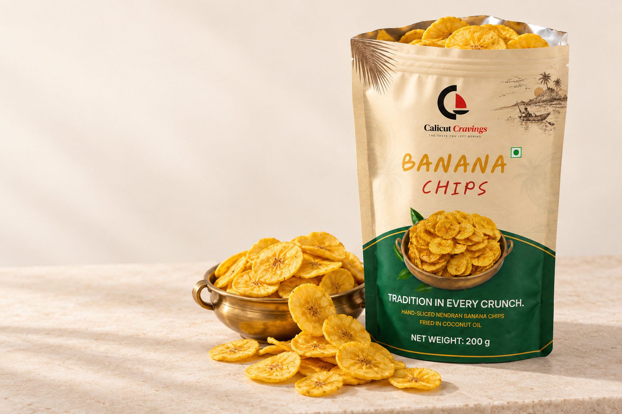 An opened banana chips pack beside a brass uruli of thin golden Nendran chips.