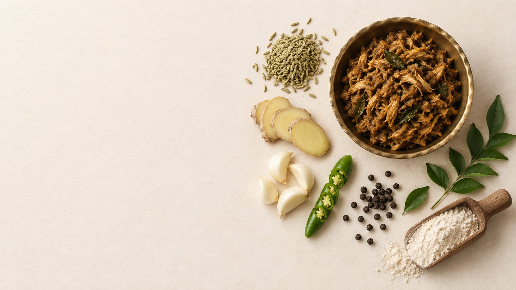Fennel seeds, sliced ginger, garlic, green chilli, black pepper, curry leaves, a bowl of cooked shredded-chicken masala and a scoop of wheat flour on an ivory table.