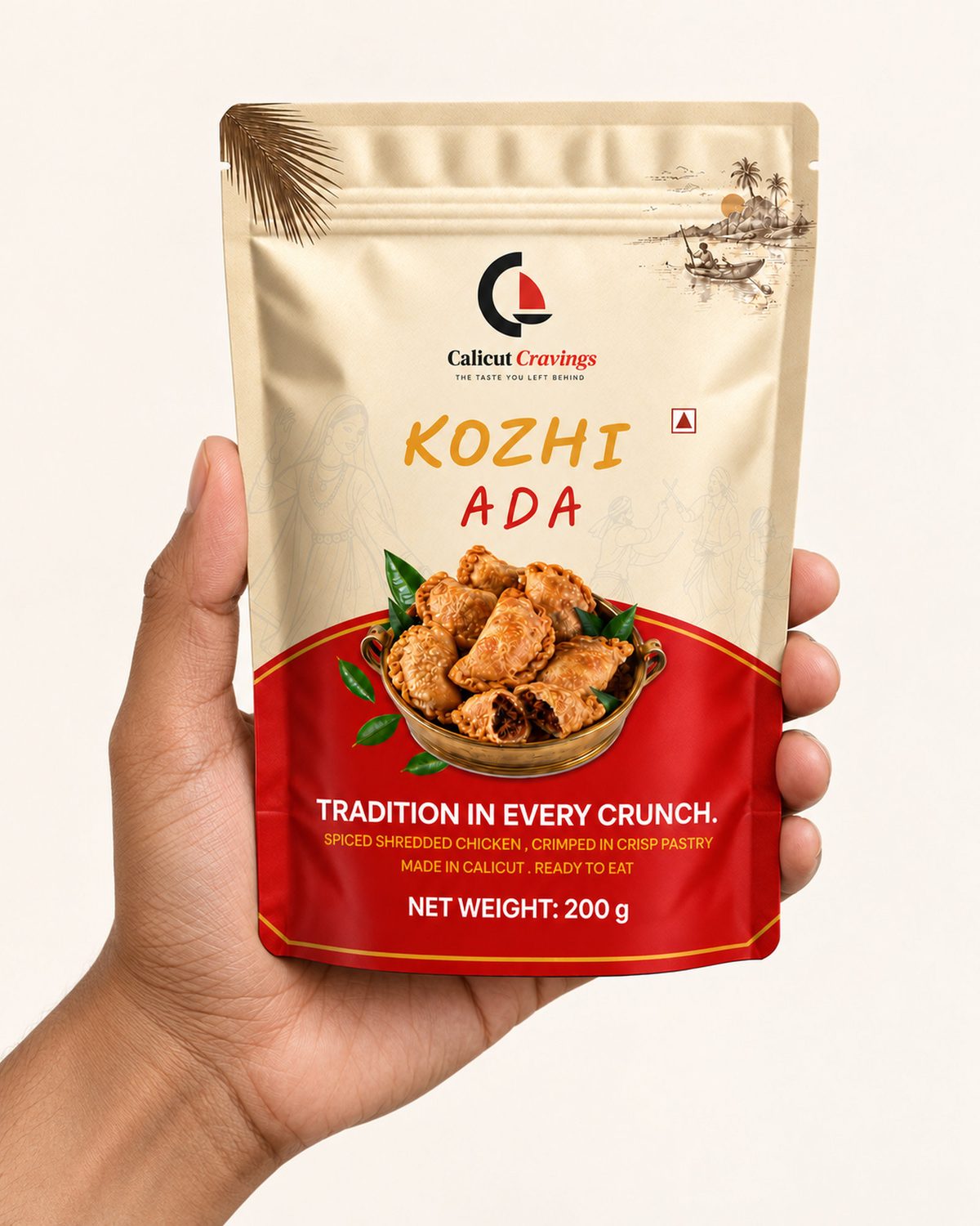 A 200 g Calicut Cravings pouch held in one hand - the Kozhi Ada shown; all three adas use the same pouch.